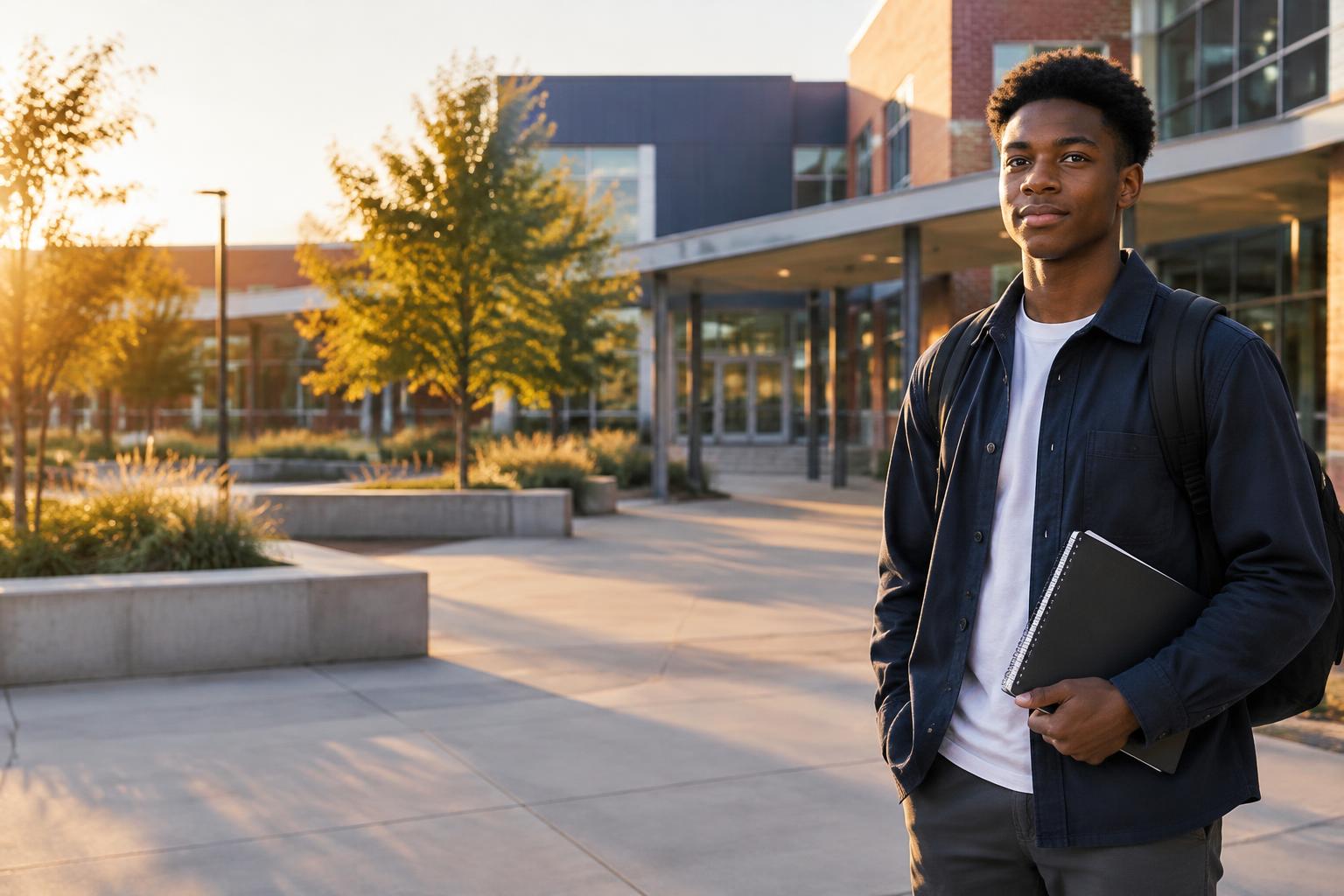 Ace, a Black high-school scholar with a notebook, outside his school